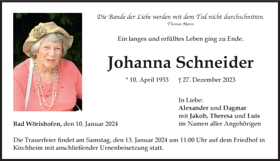 Traueranzeige von Johanna Schneider von Mindelheimer Zeitung