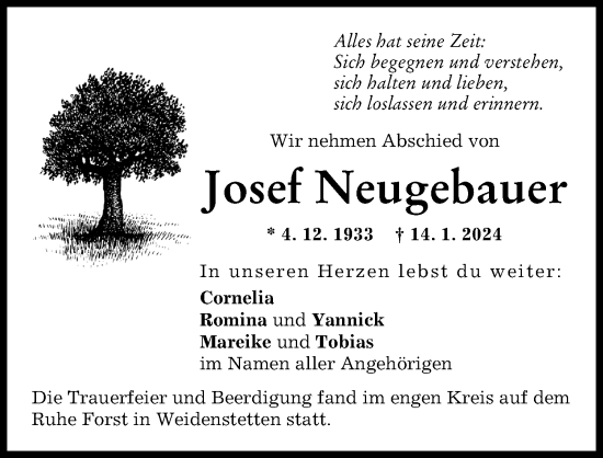 Traueranzeige von Josef Neugebauer von Mittelschwäbische Nachrichten