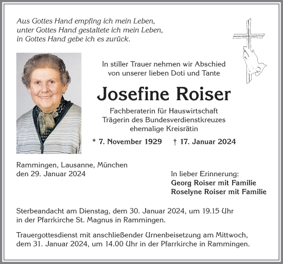 Traueranzeige von Josefine Roiser von Mindelheimer Zeitung