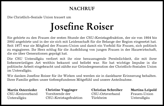 Traueranzeige von Josefine Roiser von Mindelheimer Zeitung