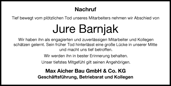 Traueranzeige von Jure Barnjak von Augsburg-Land