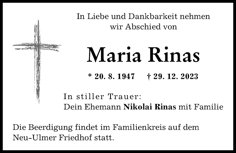  Traueranzeige für Maria Rinas vom 05.01.2024 aus Neu-Ulmer Zeitung