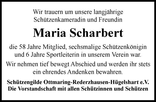 Traueranzeige von Maria Scharbert von Friedberger Allgemeine