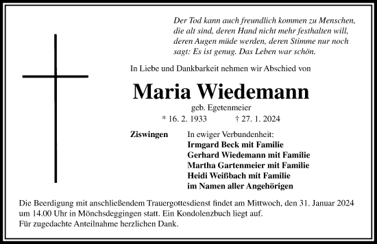 Traueranzeige von Maria Wiedemann von Rieser Nachrichten