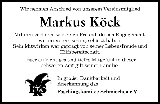 Traueranzeige von Markus Köck von Friedberger Allgemeine