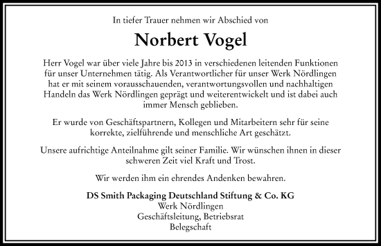 Traueranzeige von Norbert Vogel von Rieser Nachrichten