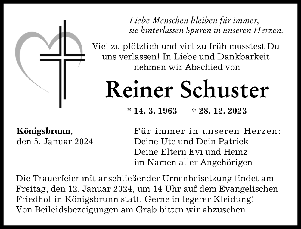  Traueranzeige für Reiner Schuster vom 05.01.2024 aus Augsburger Allgemeine