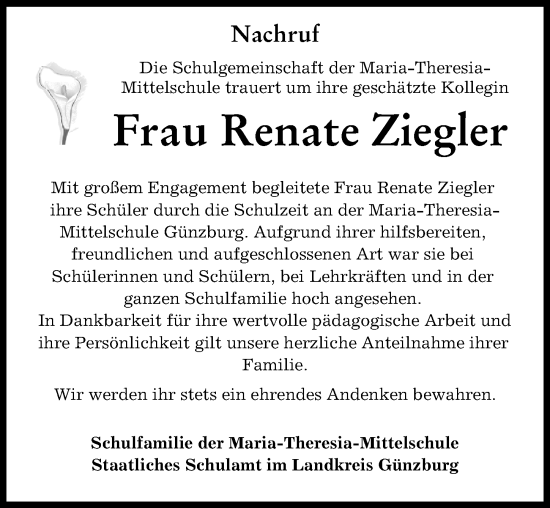 Traueranzeige von Renate Ziegler von Günzburger Zeitung