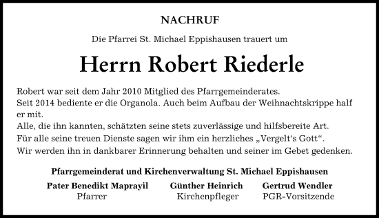 Traueranzeige von Robert Riederle von Mindelheimer Zeitung