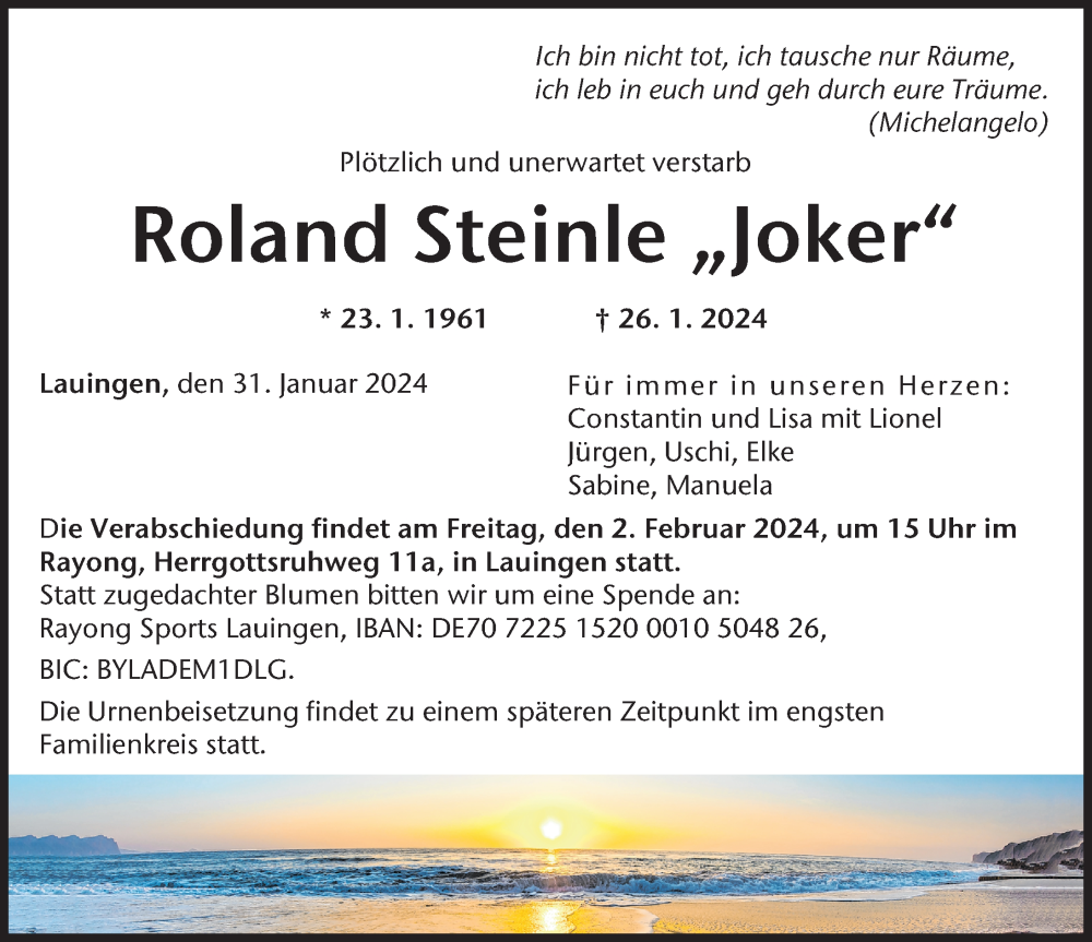  Traueranzeige für Roland Steinle vom 31.01.2024 aus Donau Zeitung