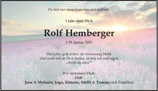 Traueranzeige von Rolf Hemberger von Mindelheimer Zeitung
