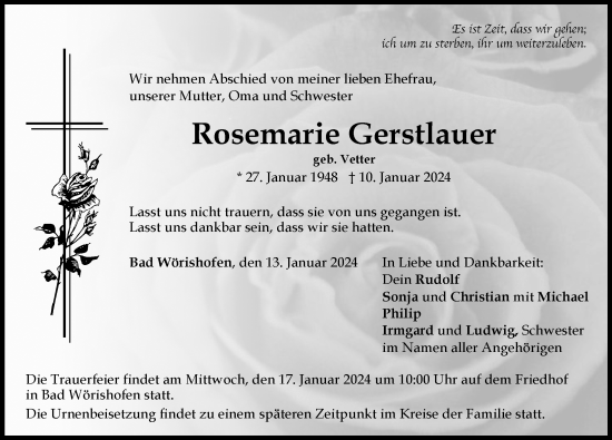 Traueranzeige von Rosemarie Gerstlauer von Mindelheimer Zeitung