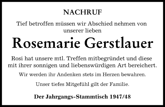 Traueranzeige von Rosemarie Gerstlauer von Mindelheimer Zeitung