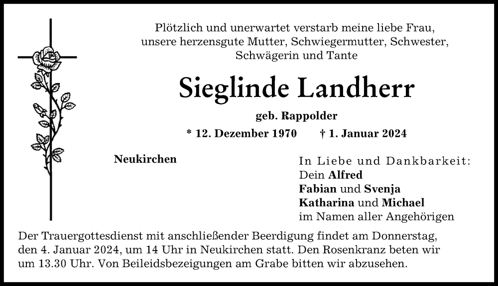  Traueranzeige für Sieglinde Landherr vom 02.01.2024 aus Aichacher Nachrichten