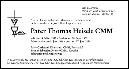 Traueranzeige von Thomas Heisele von Rieser Nachrichten