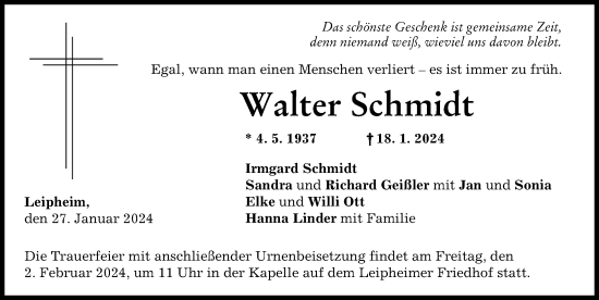 Traueranzeige von Walter Schmidt von Günzburger Zeitung