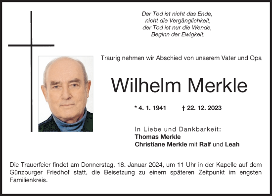 Traueranzeige von Wilhelm Merkle von Günzburger Zeitung
