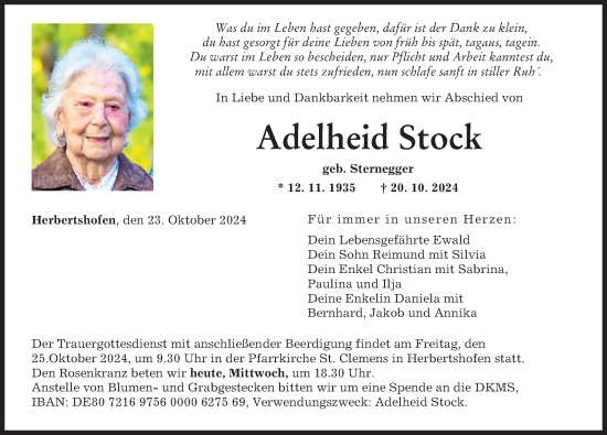 Traueranzeige von Adelheid Stock von Augsburg-Land