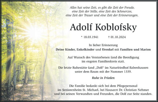 Traueranzeige von Adolf Koblofsky von Mittelschwäbische Nachrichten