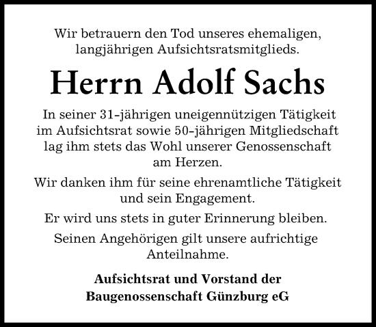 Traueranzeige von Adolf Sachs von Günzburger Zeitung