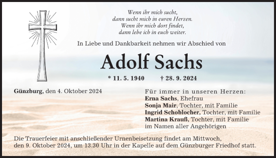 Traueranzeige von Adolf Sachs von Günzburger Zeitung