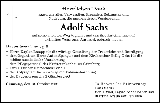 Traueranzeige von Adolf Sachs von Günzburger Zeitung