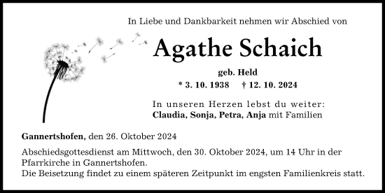 Traueranzeige von Agathe Schaich von Illertisser Zeitung
