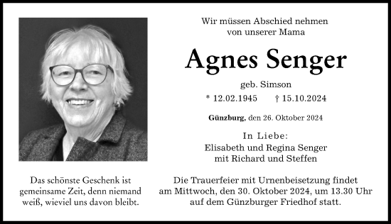 Traueranzeige von Agnes Senger von Günzburger Zeitung