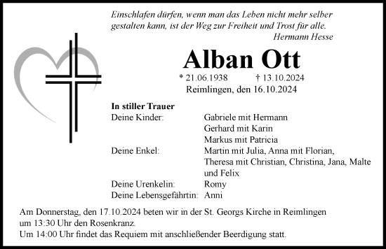 Traueranzeige von Alban Ott von Rieser Nachrichten