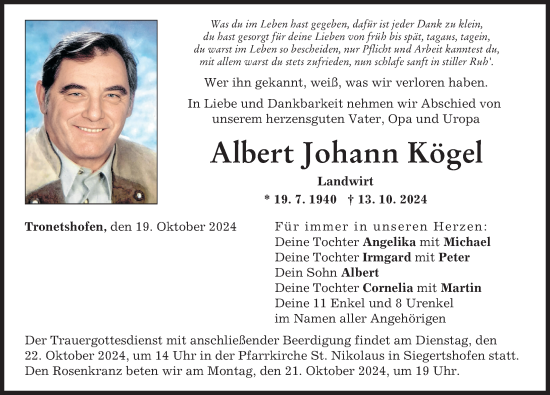 Traueranzeige von Albert Kögel von Schwabmünchner Allgemeine, Augsburg-Land