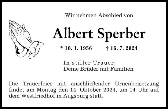 Traueranzeige von Albert Sperber von Augsburger Allgemeine