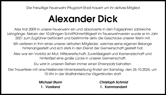 Traueranzeige von Alexander Dick von Landsberger Tagblatt