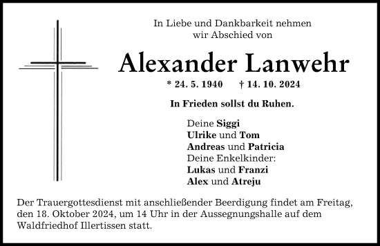 Traueranzeige von Alexander Lanwehr von Illertisser Zeitung
