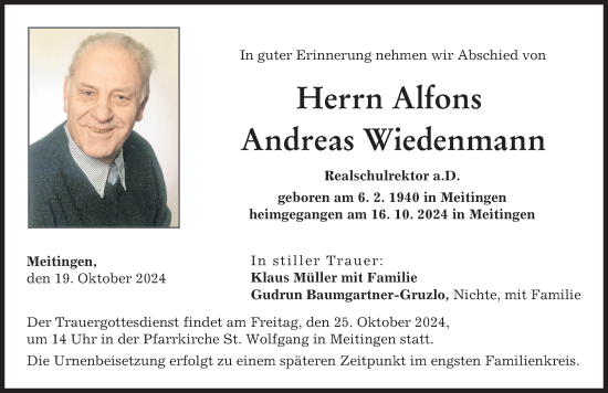 Traueranzeige von Alfons Wiedenmann von Wertinger Zeitung, Augsburger Allgemeine