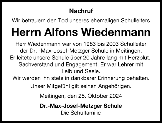 Traueranzeige von Alfons Wiedenmann von Augsburg-Land