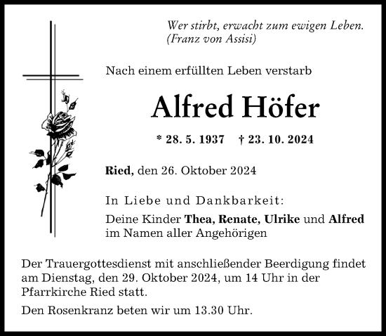 Traueranzeige von Alfred Höfer von Augsburg-Land