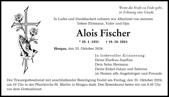 Traueranzeige von Alois Fischer von Augsburger Allgemeine