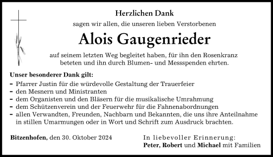 Traueranzeige von Alois Gaugenrieder von Friedberger Allgemeine