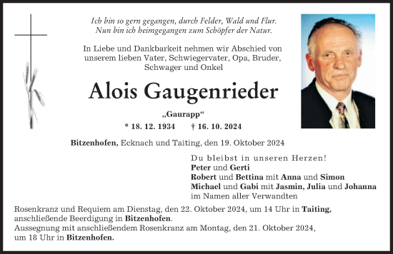 Traueranzeige von Alois Gaugenrieder von Friedberger Allgemeine