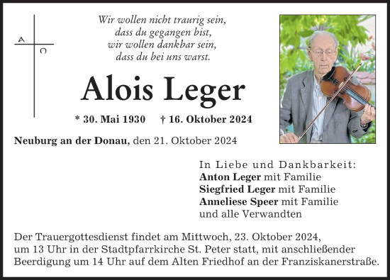 Traueranzeige von Alois Leger von Neuburger Rundschau