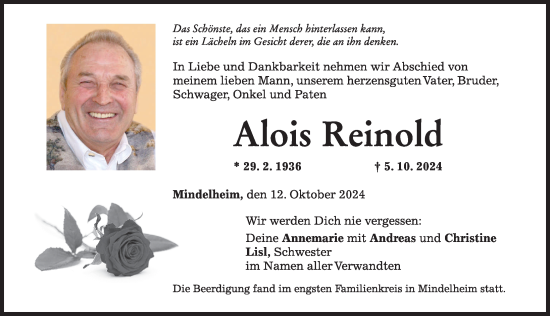Traueranzeige von Alois Reinhold von Mindelheimer Zeitung