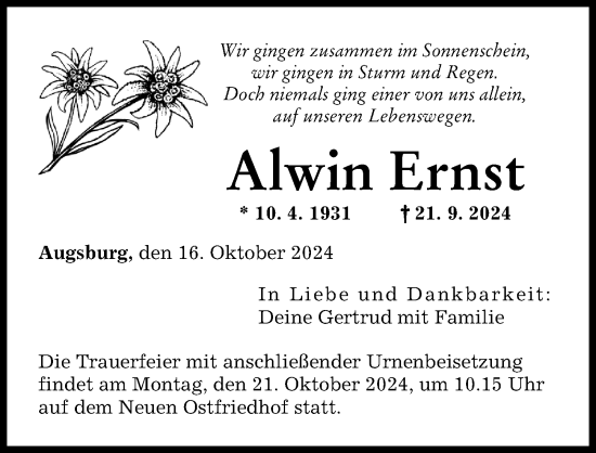Traueranzeige von Alwin Ernst von Augsburger Allgemeine