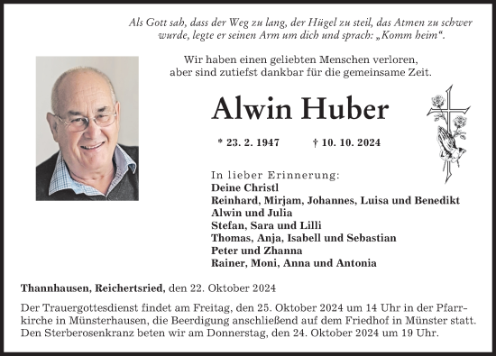 Traueranzeige von Alwin Huber von Mittelschwäbische Nachrichten