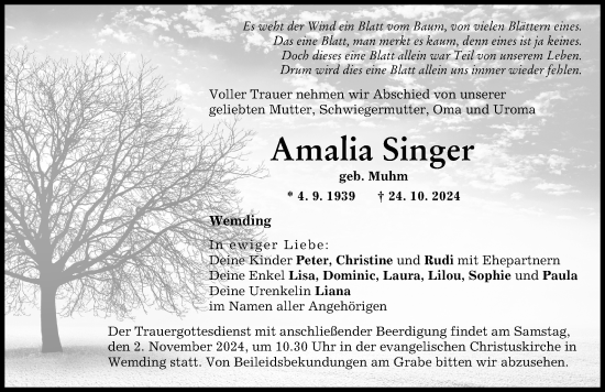 Traueranzeige von Amalia Singer von Donauwörther Zeitung