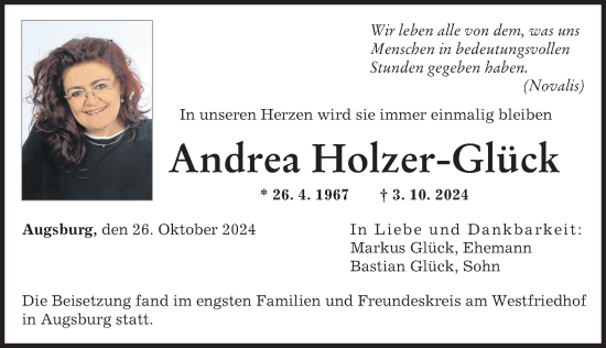 Traueranzeige von Andrea Holzer-Glück von Mittelschwäbische Nachrichten, Augsburger Allgemeine