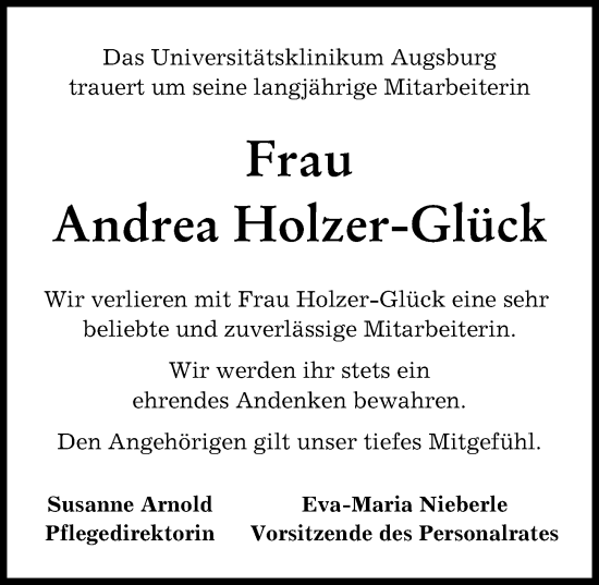 Traueranzeige von Andrea Holzer-Glück von Augsburger Allgemeine