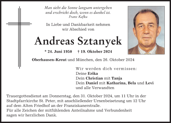 Traueranzeige von Andreas Sztanyek von Neuburger Rundschau