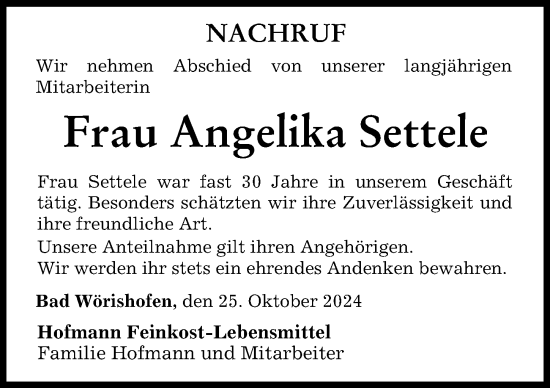 Traueranzeige von Angelika Settele von Mindelheimer Zeitung