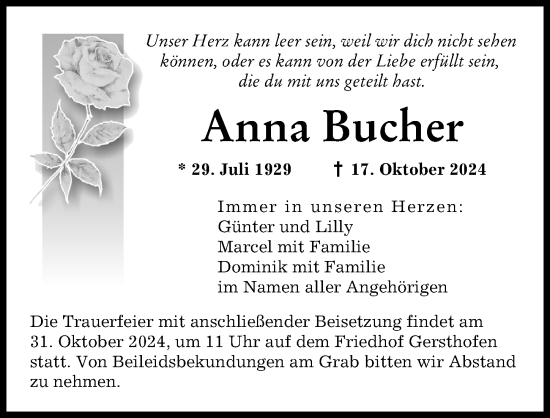Traueranzeige von Anna Bucher von Augsburger Allgemeine