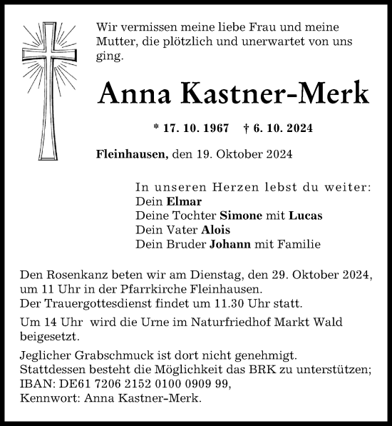 Traueranzeige von Anna Kastner-Merk von Augsburger Allgemeine